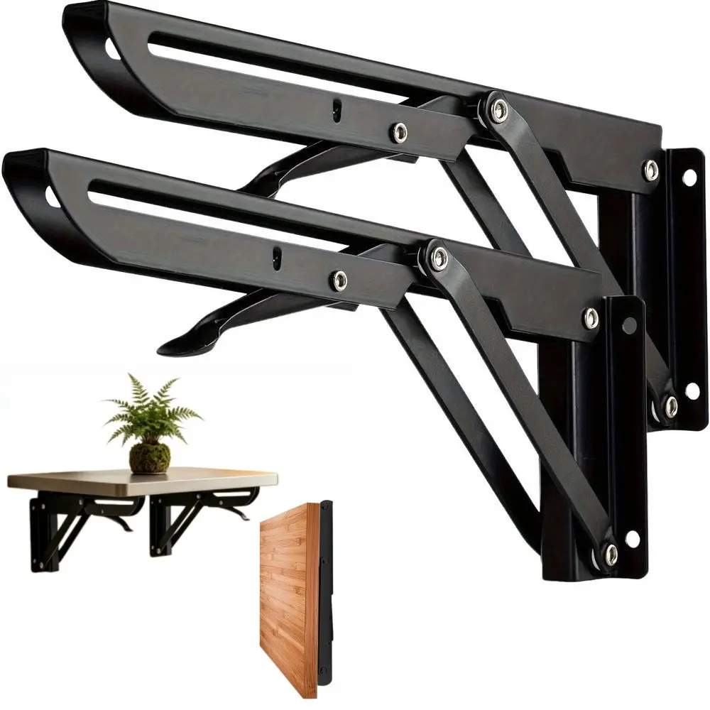 2PCS Heavy Duty Adjustable Folding Shelf Brackets, Wall Mounting Bracket, 90 Degree Wall Mount Carbon Steel Support, Space Saving Collapsible Bracket for Workbench, Garage Storage, Home Organization Shelving Hardware