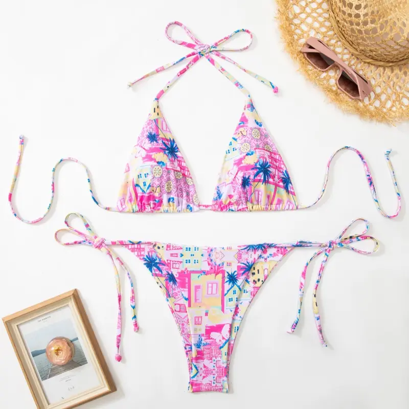 Women's All-Over Print Bikini Set, Casual Fashion Chic Swimsuit for Beach Holiday Vacation, Ladies Swimwear for All Seasons, Bikini Beachwear