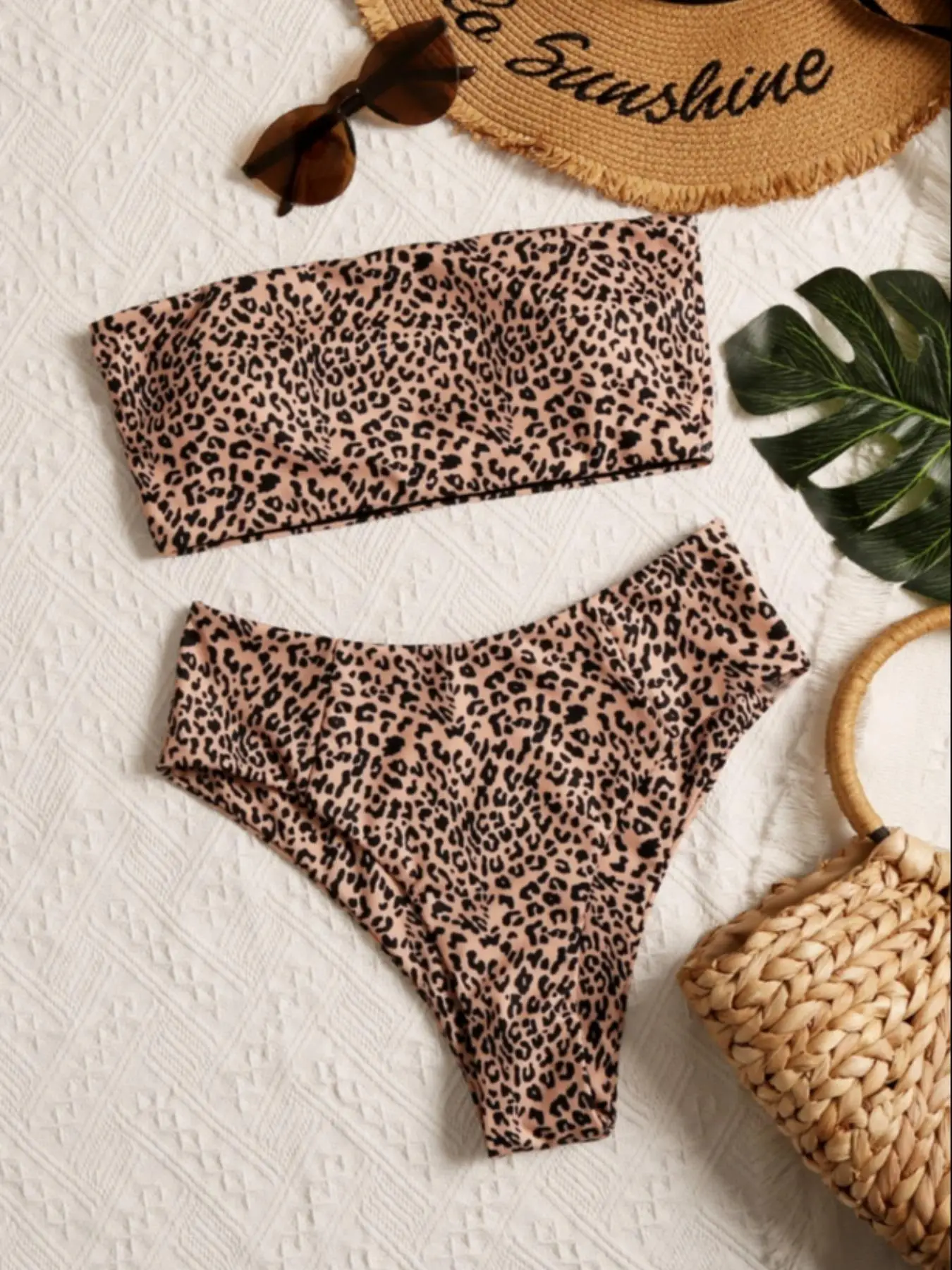 Women's Leopard Print Bandeau Top & High Cut Swim Bottom Bikini Set, Casual Strapless Top & High Waist Swim Bottom Two-piece Swimsuit, Ladies Swimwear