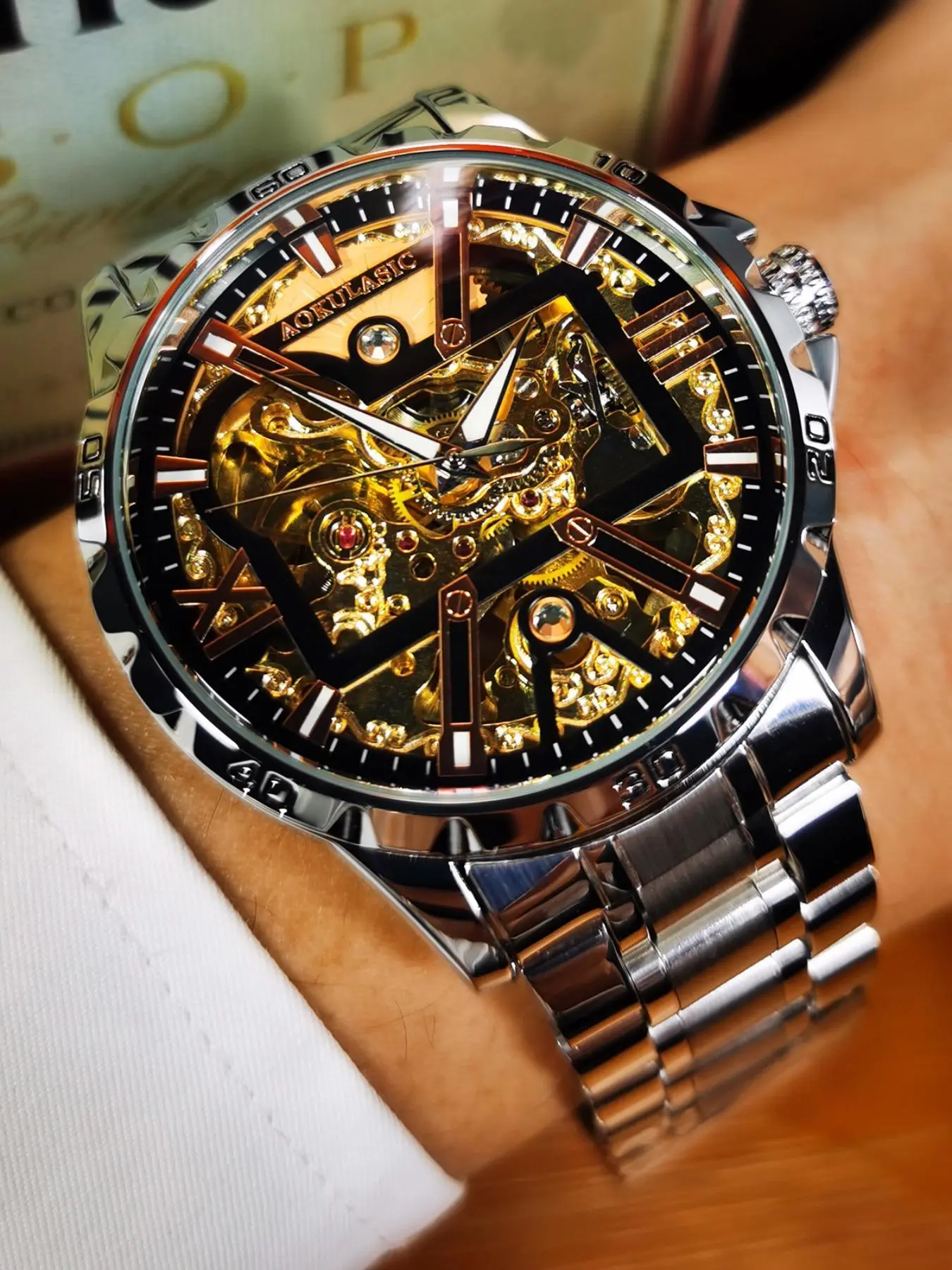 Men's Classic Round Dial Analog Mechanical Watch, Business Watch for Party, Daily Clothing Decor, Trendy & Exquisite Luminous Watch for Gift with Box, Skeleton Watches, Mechanical Wristwatches, Stainless Steel Wristwatch