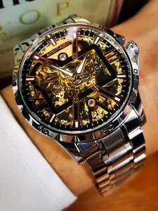 Men's Classic Round Dial Analog Mechanical Watch, Business Watch for Party, Daily Clothing Decor, Trendy & Exquisite Luminous Watch for Gift with Box, Skeleton Watches, Mechanical Wristwatches