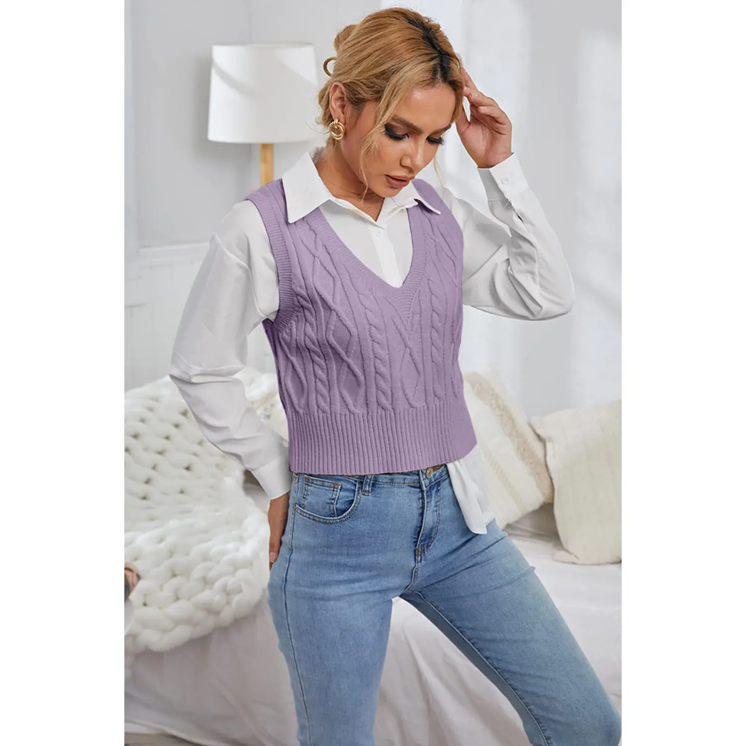 Women's Retro Cable Knit Sweater Vest, Casual Deep V-Neck Sleeveless Loose Crop Pullover for School & OOTD, Fabric, Fit, Twist, Gray, Leggings, Shirt, Tank Tops, Knitwear, Lightweight essential minimalist stylish