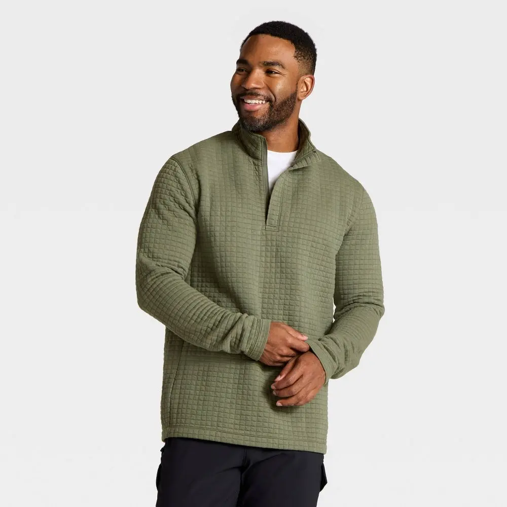 Men's Quilted Polyester Fabric Turtleneck 1/2 Zip Pullover Sweatshirt Garment - All In Motion, Outdoor Wear, Long Sleeve