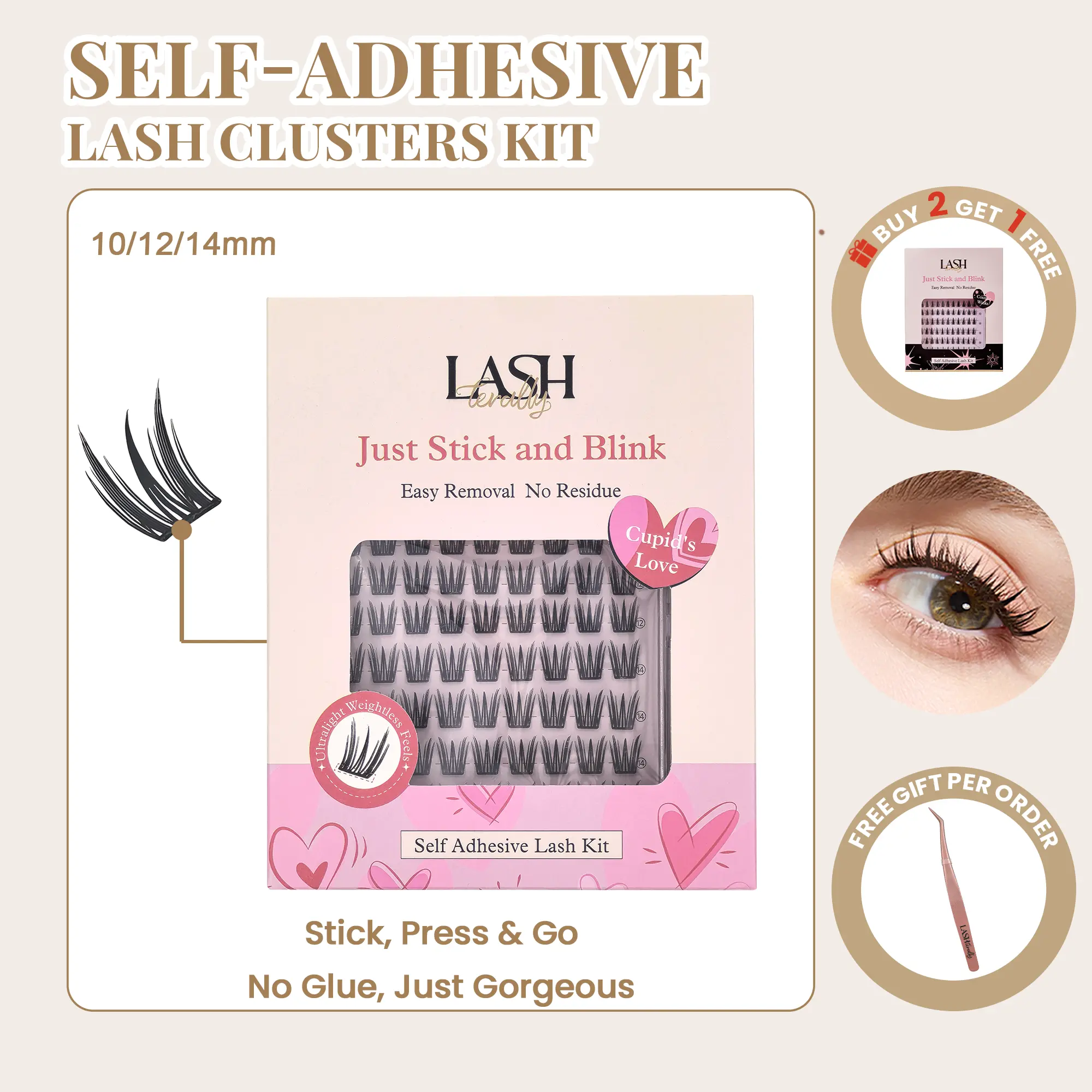 Lashterally Cupid's Self-Adhesive Lashes Clusters Kit - Dramatic D-Curl False Eyelashes, 90 Pcs in 3 Lengths with 24-Hour Hold, No Glue Cosmetic for Adults