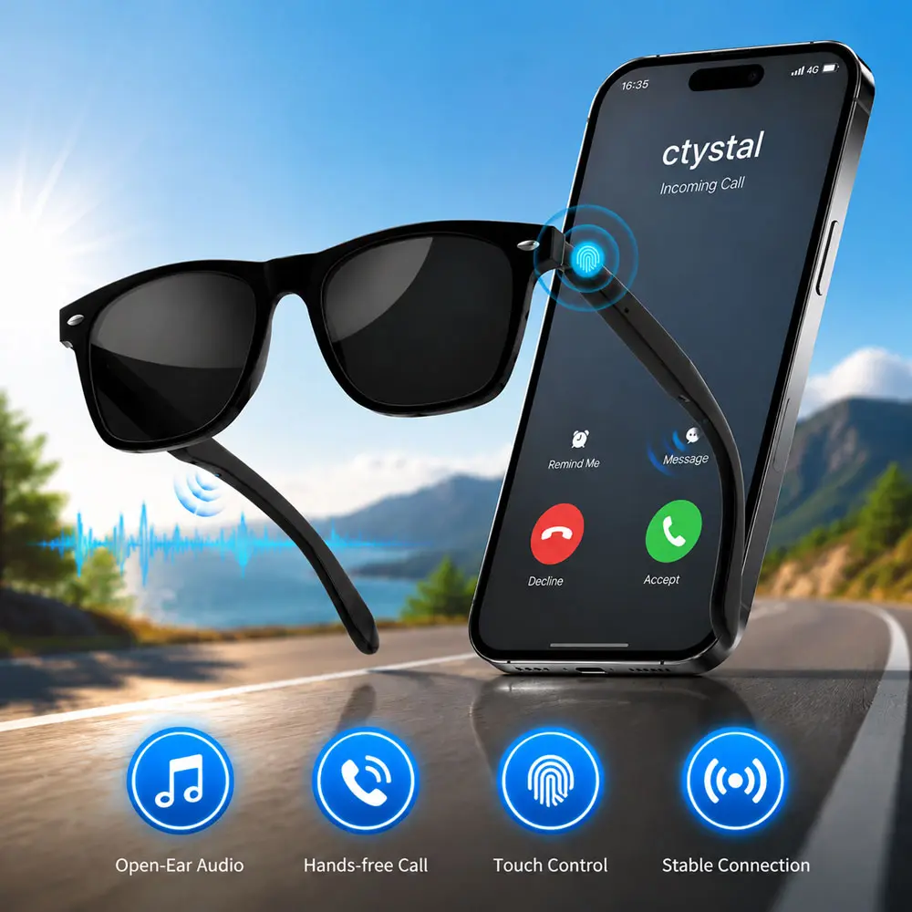 Smart Bluetooth Audio Glasses with Open-Ear Speakers and Built-In Microphone for Hands-Free Calling and Voice Assistant, Anti-UV Sunglasses with Touch Control for Running, Driving and Outdoor Activities, Wearable Tech Glasses