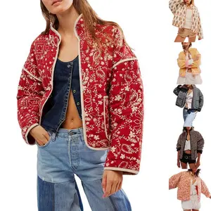Women’s Y2K cropped quilted jackets, floral print open-front lightweight puffer jackets, padded quilted cardigans/coats