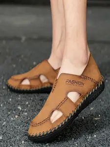 Men's Leather Hollow-Out Sandals, Breathable Closed-Toe Slip-On Shoes, Casual Soft-Sole Loafers Footwear