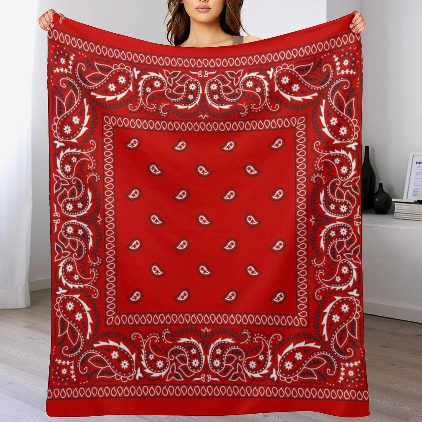 Bandana-Inspired Red Throw Blanket, High-Quality Fading-Proof Ultra-Soft Thick Material, Single Size for Year-Round Comfort