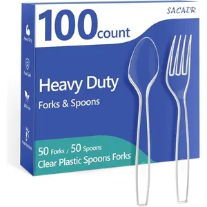 100 Count Plastic Silverware Heavy Duty -50 Forks, 50 Spoons BPA-Free Heat Resistant, Disposable Plastic Utensils Set