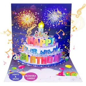 Upgrade Blowable Birthday Cards 3D Pop Up Fireworks Cake Light and Music Happy Birthday Card Gifts for Women Men Mom Kids