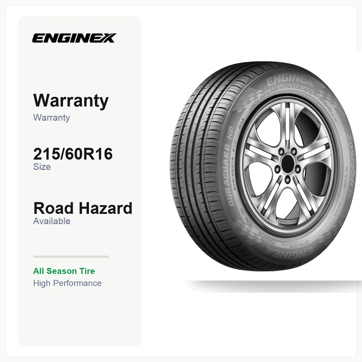 ENGINEX DURAGUARD HP 215/60R16 95V | All Season Tire, High Performance, SL Load Range, 50K Mile Warranty, Road Hazard, Fits select Nissan Altima, Mazda CX-3 & more, For Sedan/Crossover/SUV