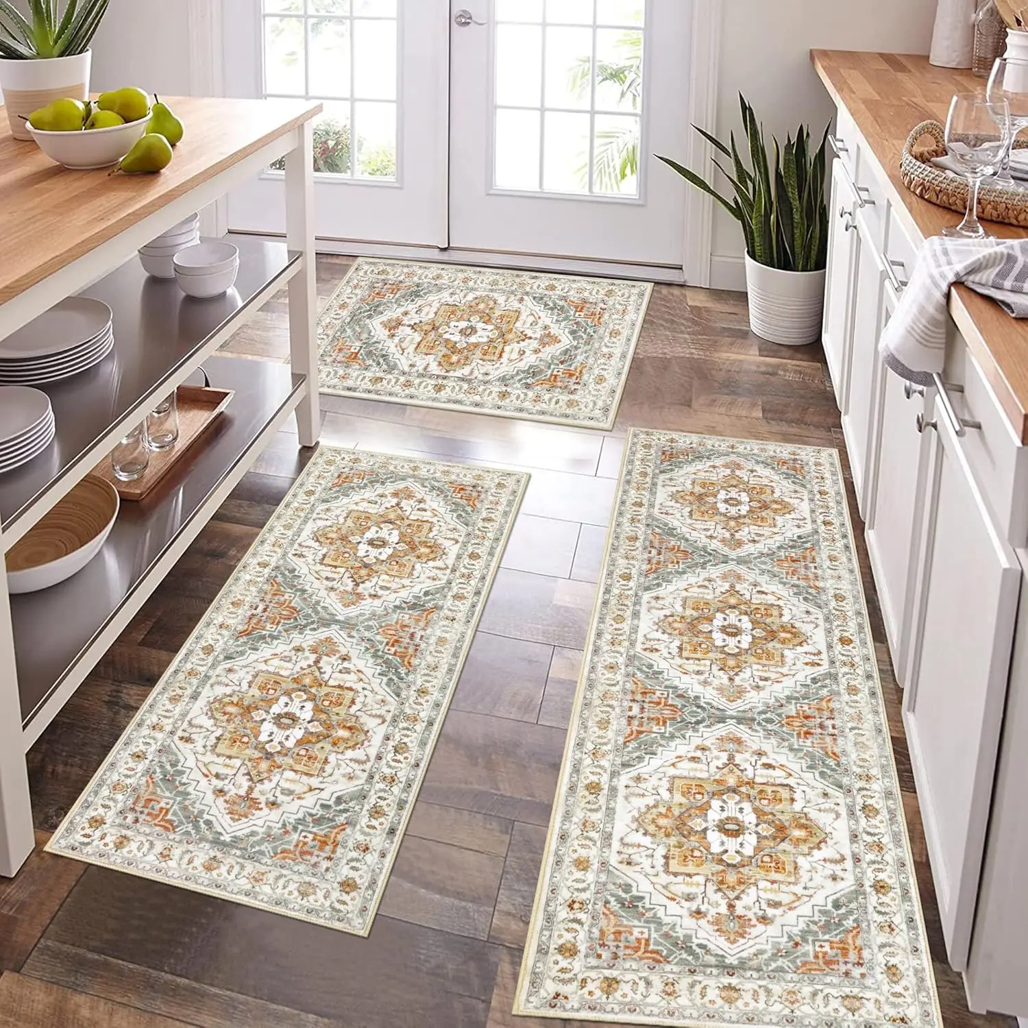 [Clearance] HEBE Washable Farmhouse Kitchen Rugs Sets of 3 Non Slip Washable Kitchen Rugs and Mats Boho Kitchen Mats for Floor Kitchen Runner Rug Kitchen Carpet Rug Runner for Hallways Kitchen Laundry