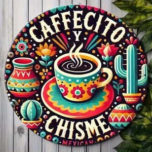 1PC 7.87x 7.87inch Round Iron Metal Wall Art - Vibrant Mexican Coffee Scene Designed by "Cafecito y Chisme", Colorful Cactus, Traditional Ceramic and Steam Details - Creative Design Print Vintage Home Decor Suitable for Easter Gifts, Modern Home Decor