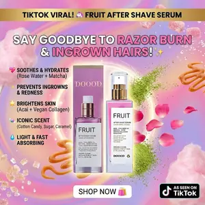 DOOOD Fruity Aftershave Serum, containing rose water and matcha extract, soothes post-shave redness, moisturizes and nourishes the skin. Suitable for both men and women, and can be used on the face, underarms, legs, and bikini area.