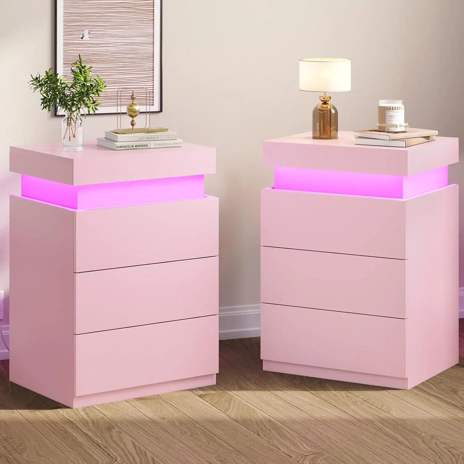 SIKAIC Blush Pink LED Nightstand Set of 2 with Charging Station, 3-Drawer Bedroom Bedside Tables with Sliding Top and Storage, Drawers