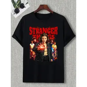 Stranger Things T-Shirt Black Eleven With Red Glow Hand And Characters Print For Fans Casual Wear, 100% Cotton, Movie Graphic Unisex T-Shirt