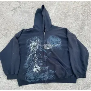 Zip-up sweatshirt, American retro street hip-hop loose print oversized hooded jacket