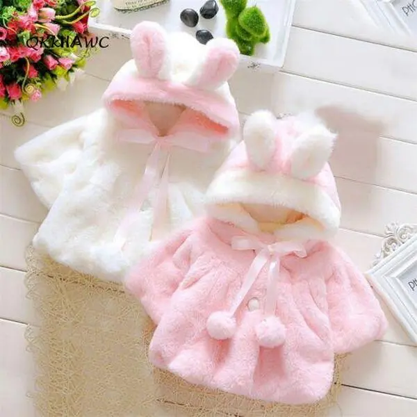 Baby Girl Faux Fur Toddler Coat - Pearl Button, Bow Accent, Bunny Ear Hooded, Thick Warm Baby Girls Clothing Outwear Jacket
