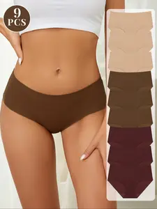 9Pcs Women's Seamless Comfortable Breathable Underwear, Sporty Style Thin Fabric, Plain Pattern Fitted Design for All Seasons, Underwear Sets