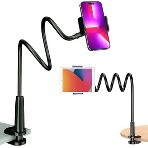 Gooseneck Bed Phone Holder, Flexible Long Arm Phone Mount for Desk, Clip Bracket Clamp Stand, iPhone Stand, Mobile Cell Phone Stand Document Camera Nintendo Switch (Black)