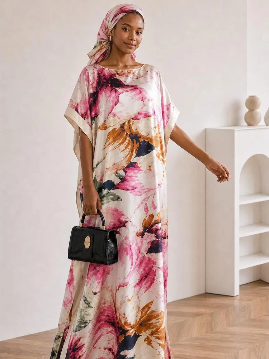 Women's 2-Piece Oversized Rose Pink Large Flowers Caftan Dress Set with Scarf - Soft, Light, Feminine Casual Robe, Beach Cover-Up, Drapey, Loose, Matching Moomoo, Long Robe, Scarf Print Scarves & Shawls Fashion Apparel