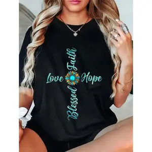 Pure Cotton Unisex Jesus Faith Hope and Love Sunflower Leopard Christian Women S T Shirt Christian Apparel
