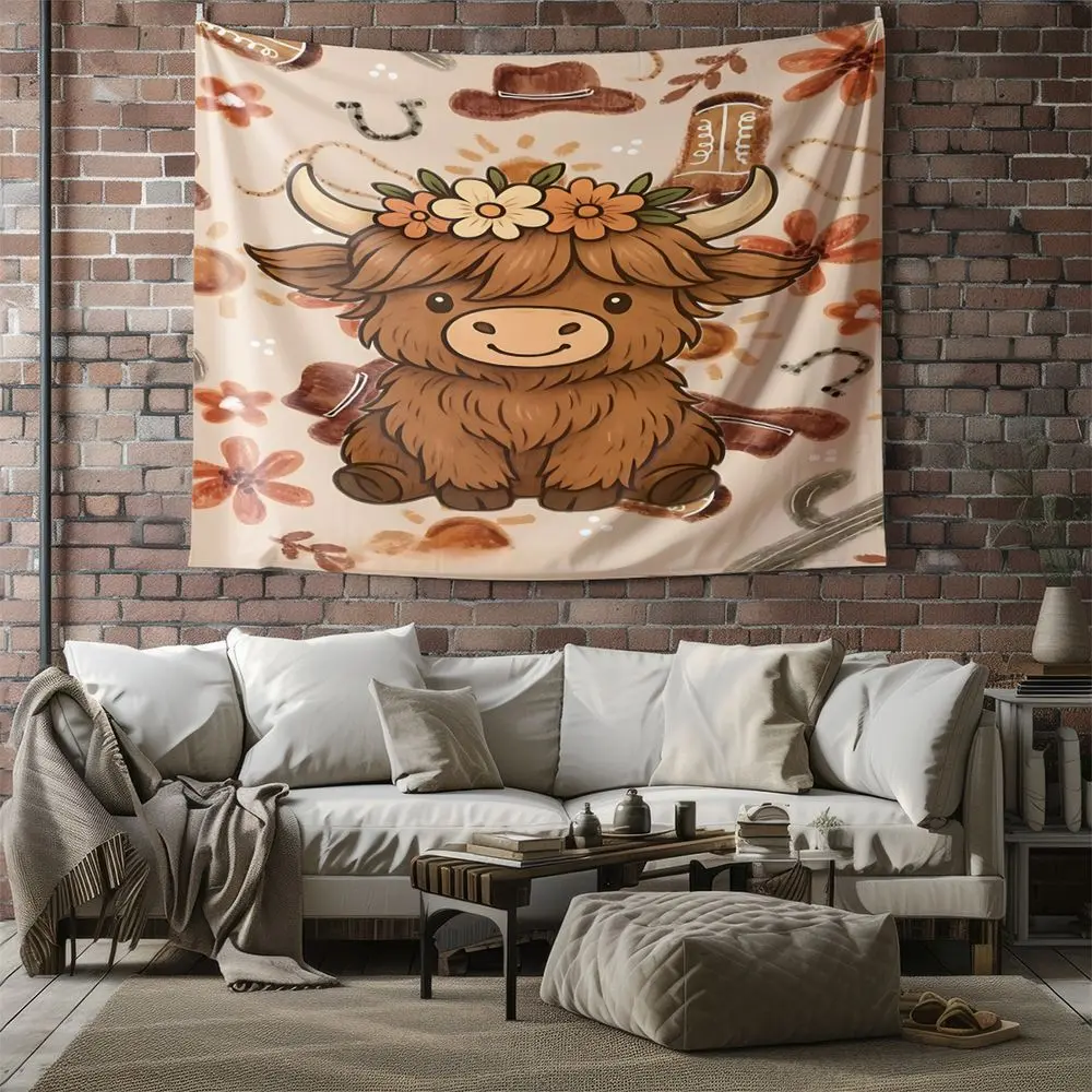Cozy Chibi Highland Cow Wall Tapestry, Adorable Western-Themed Digital Print Wall Hanging, Rustic Decor with Cowboy Hats and Wildflowers, Perfect for Bedroom and Living Room, Whimsical Watercolor Tapestry for Cottage Aesthetic