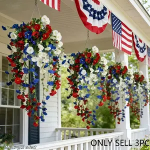 A Set of Three Artificial Patriotic Flowers in Red, White, And Blue, for Hanging Decorations. Faux Floral Arrangements, Artificial Decorative Flowers Ideal for July 4Th Celebrations, Weddings, And Seasonal Home Decor