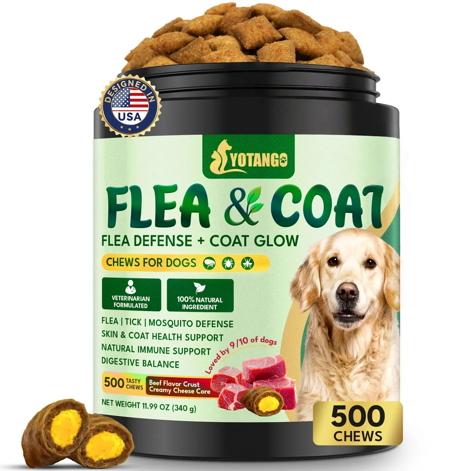 YOTANGO Dog Flea and Tick Support Crunchy & Creamy Chewables, 500 Chews Natural Flea and Tick Prevention for Dogs Chewable, Skin and Coat Support, Flea Treatment Chews for Dogs & Puppies (Beef Flavor)