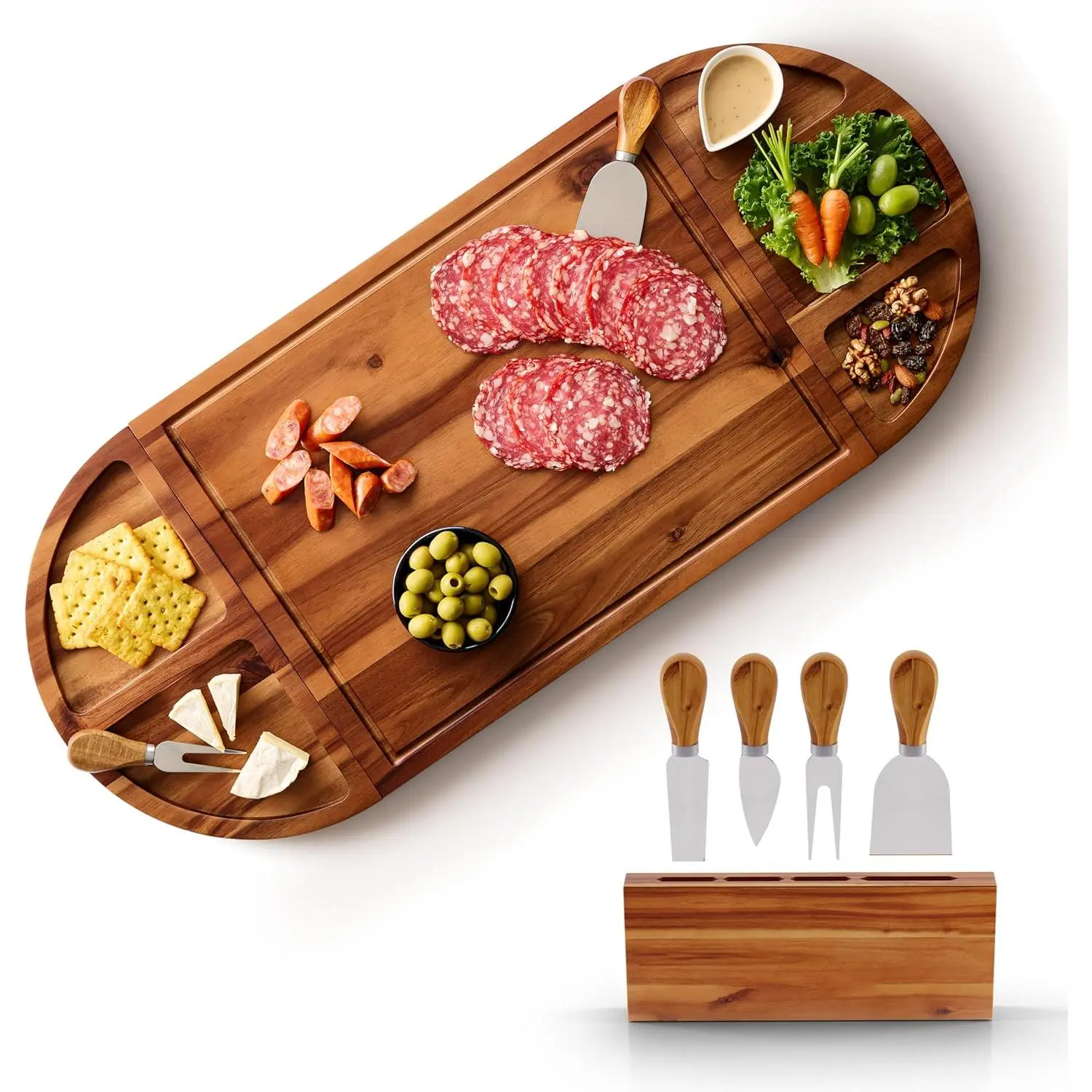 30 inch Large Acacia  Charcuterie Board with 4  Set,  - 3 Parts Wooden Round Tray for Cheese - Long Appetizer Board for Serving  Platter Cracker Snack