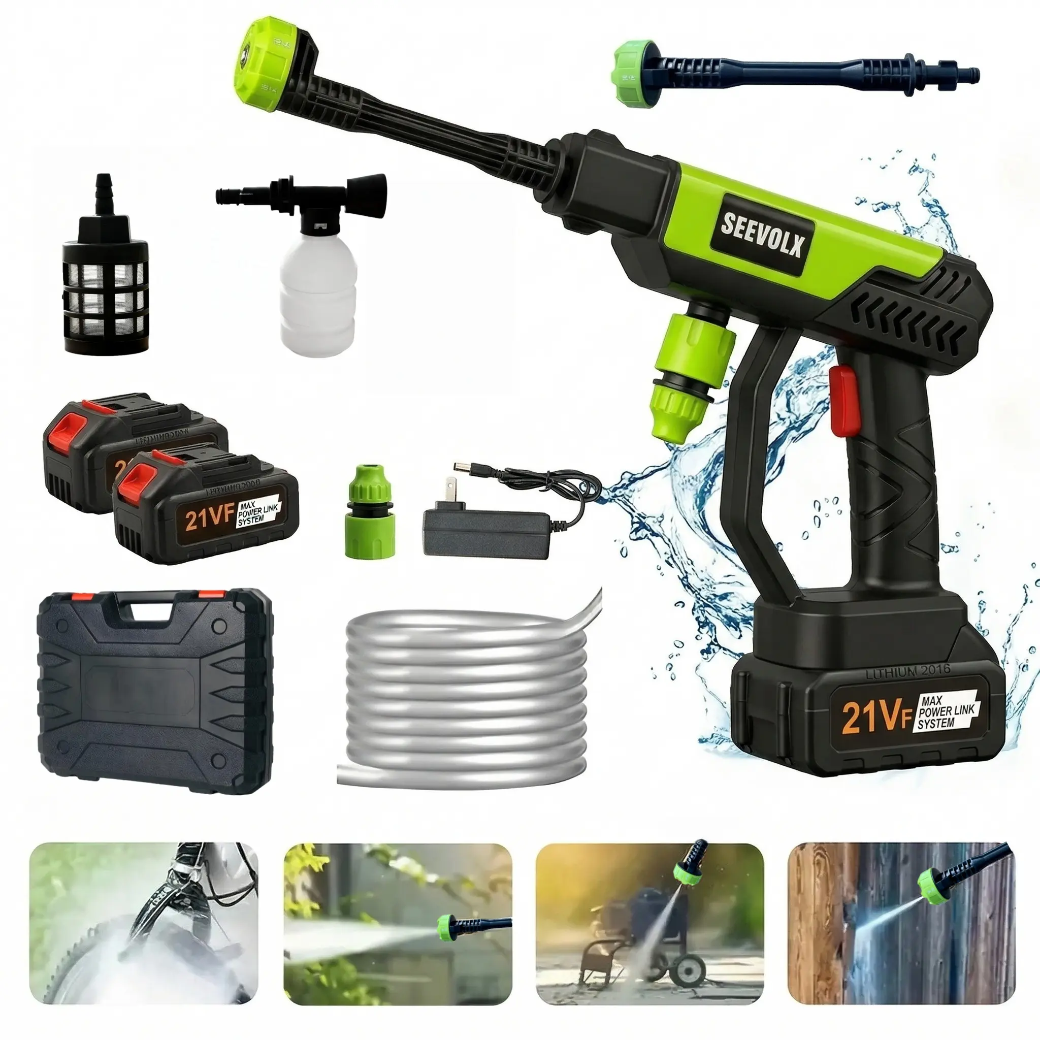 SEEVOLX 21VF 1000 PSI Cordless High-Pressure Water Spray Gun, Portable Tool with 6-in-1 Nozzle, Ergonomic Handle, Pressure Washer Accessories, Power Washer Attachment for Car, Patio Cleaning