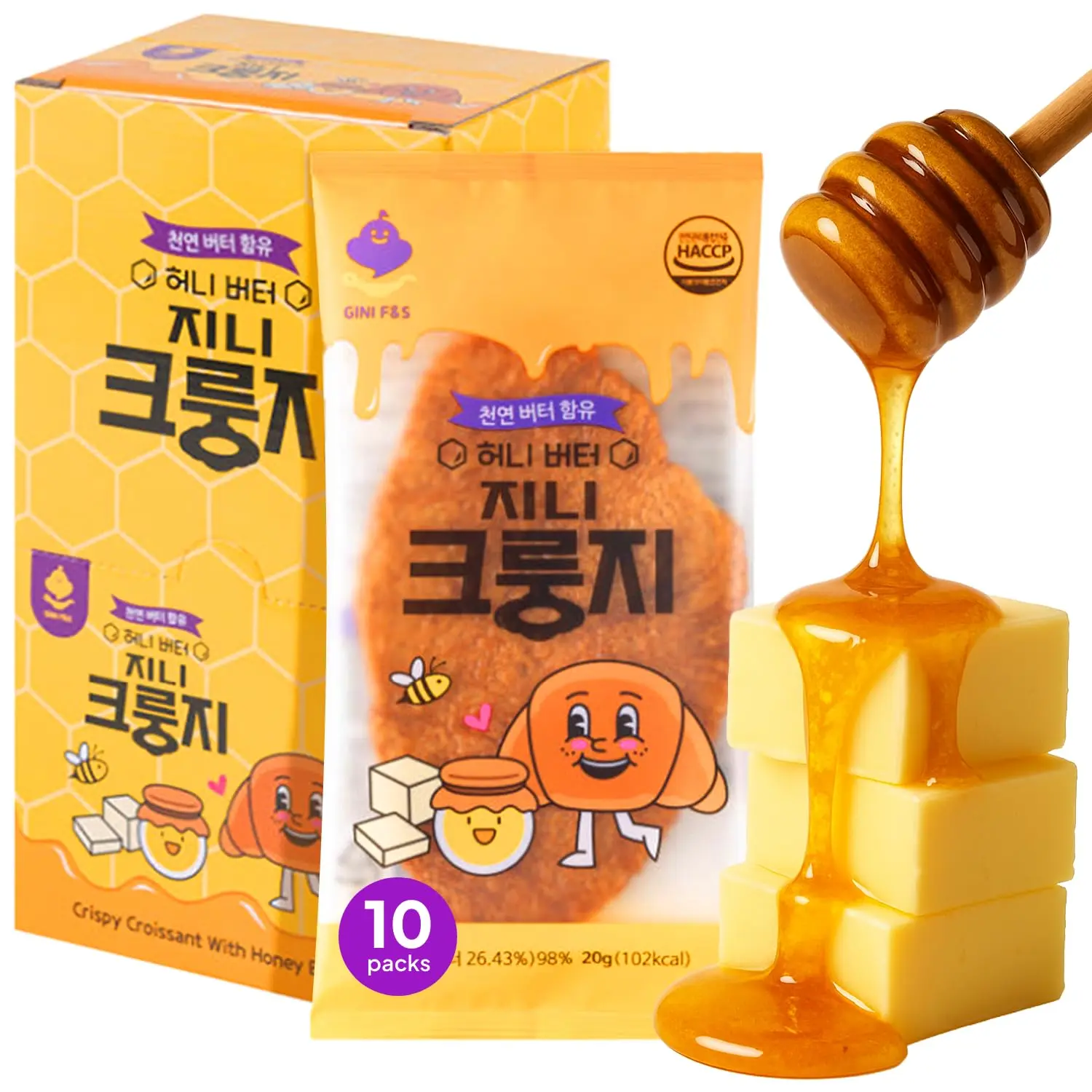 Korean Food Flat Croissant Snack – Honey Butter Flavor, Crispy and Buttery Dessert Bites, Perfect for School Lunch boxes, 10 Packs