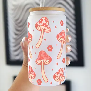 Retro Floral Boho Mushroom 16oz Glass Can Cup with Lid and Plastic and Glass Straws