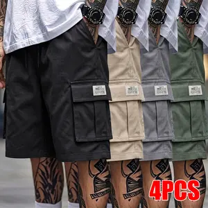 4 Pack Men's Cargo Shorts Drawstring Waist Side Flap Pockets Label Patch Casual Streetwear Outdoor Summer Wear for Men
