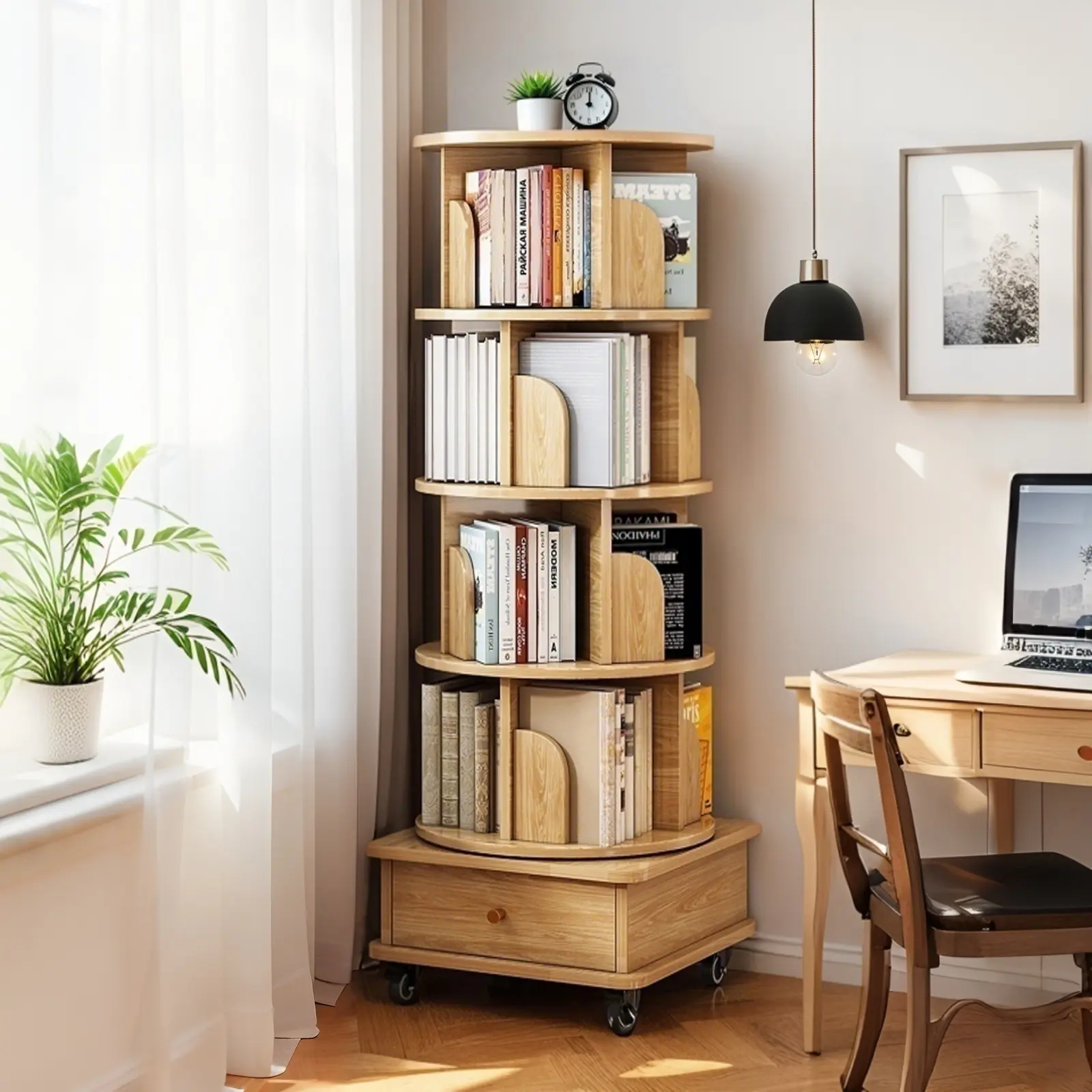 5-Tier MDF Wood 360° Rotating Bookshelf Tower - Round Spinning Bookcase with Storage Drawer, Smooth-Rolling Caster Wheels, No-Slip Stability for Small Bedroom, Home Office