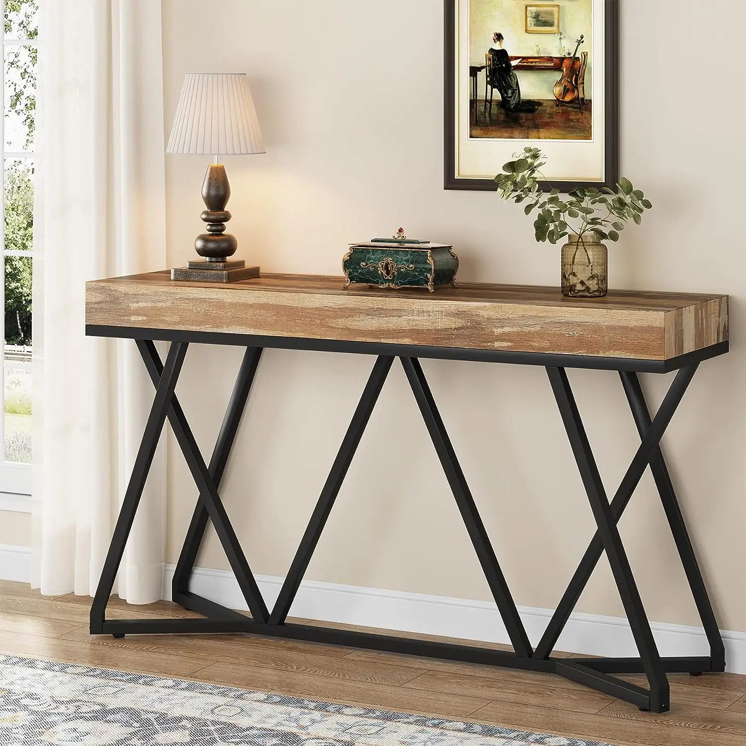 Tribesigns 55 Inch Console Table, Farmhouse Sofa Table Wood Entryway Table with Unique Metal Base, Behind The Couch Table Foyer Table, Industrial Acce