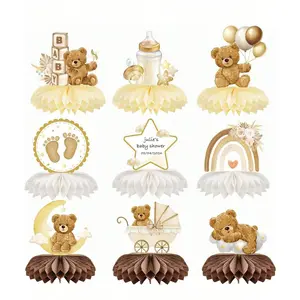 Baby Shower Decorations Set, Teddy Bear Honeycomb Centerpiece, Cream Color Party Supplies, Table Decoration, Birthday Gift, Party Event Props