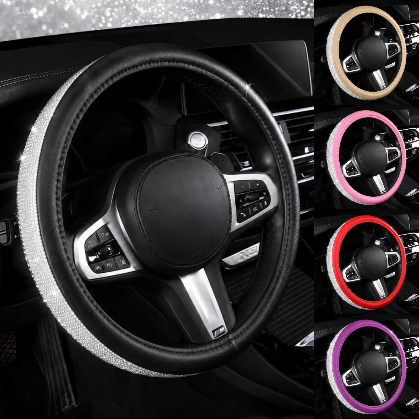 AUTOYOUTH Non-Slip Bling Car Steering Wheel Cover, Universal PU Leather Steering Wheel Protector with Sparkly Crystal Rhinestones, 14.5-15 Inch for Women & Girls, Car Decor Gift, Black Red Pink Sedan Truck SUV Accessories, Car Interior Accessories