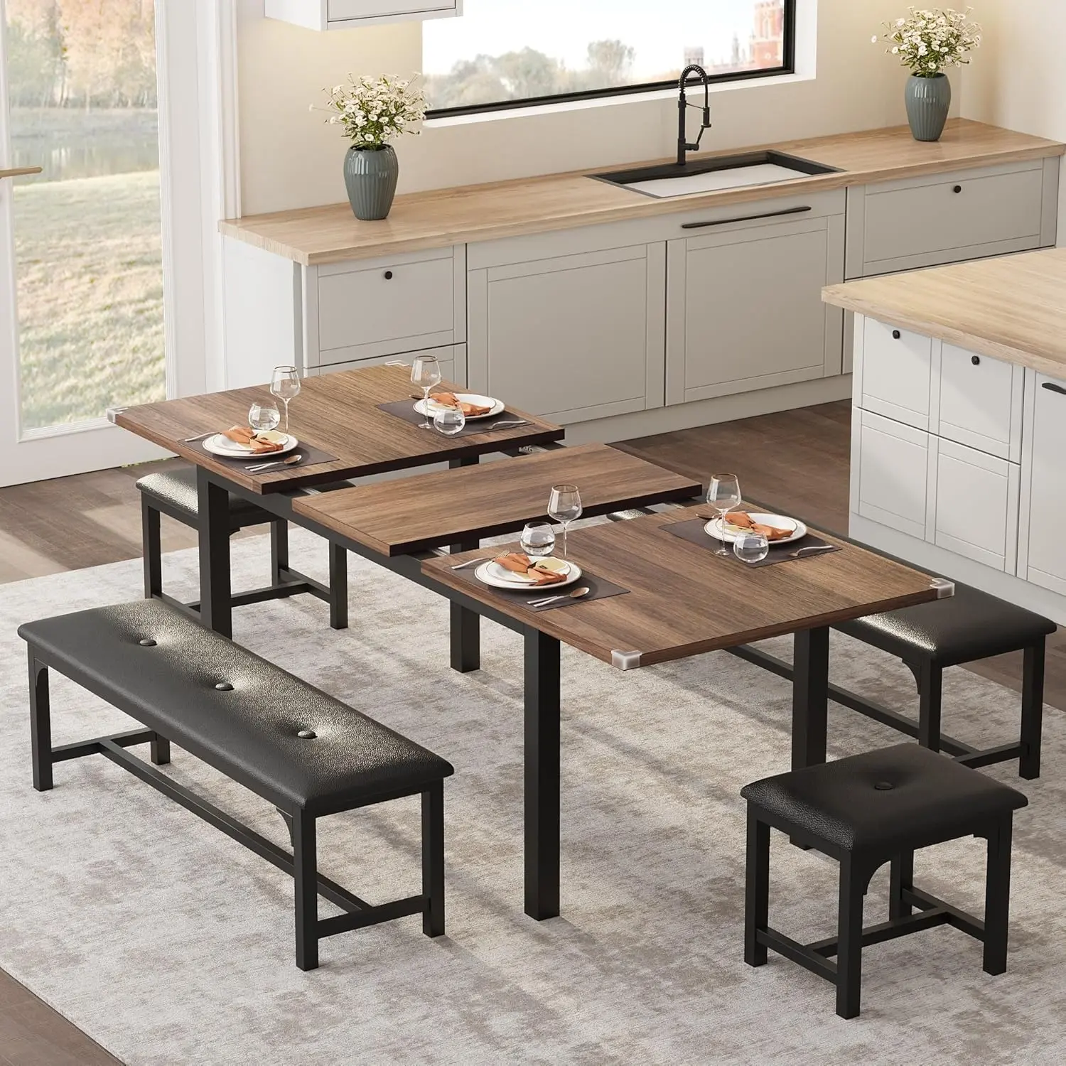 5 Pieces Dining Table Set for 4-6, 63" Extendable Dining Room Table Set for 4, Kitchen Table with Upholstered Benches and Stools, Kitchen Table Set,Dinner Table Set for 6, Ideal for Small Space-Walnut