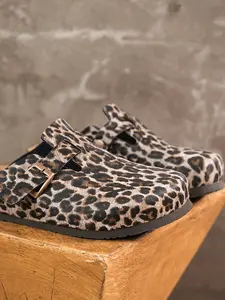 Unisex Soft Cork Heel Sandals, Classic Leopard Print, Adjustable Buckle, Genuine Leather, Casual Style, All Seasons Comfortable Wear, Leopard Pattern