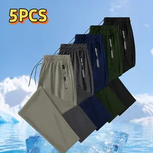 5 Pack Men Ice Silk Quick Dry Straight Leg Pants, Elastic Drawstring Waist Zip Pocket Light Trousers For Summer Outdoor Gym Daily Casual Wear Active Joggers Streetwear Joggers pantalones para hombre work pants