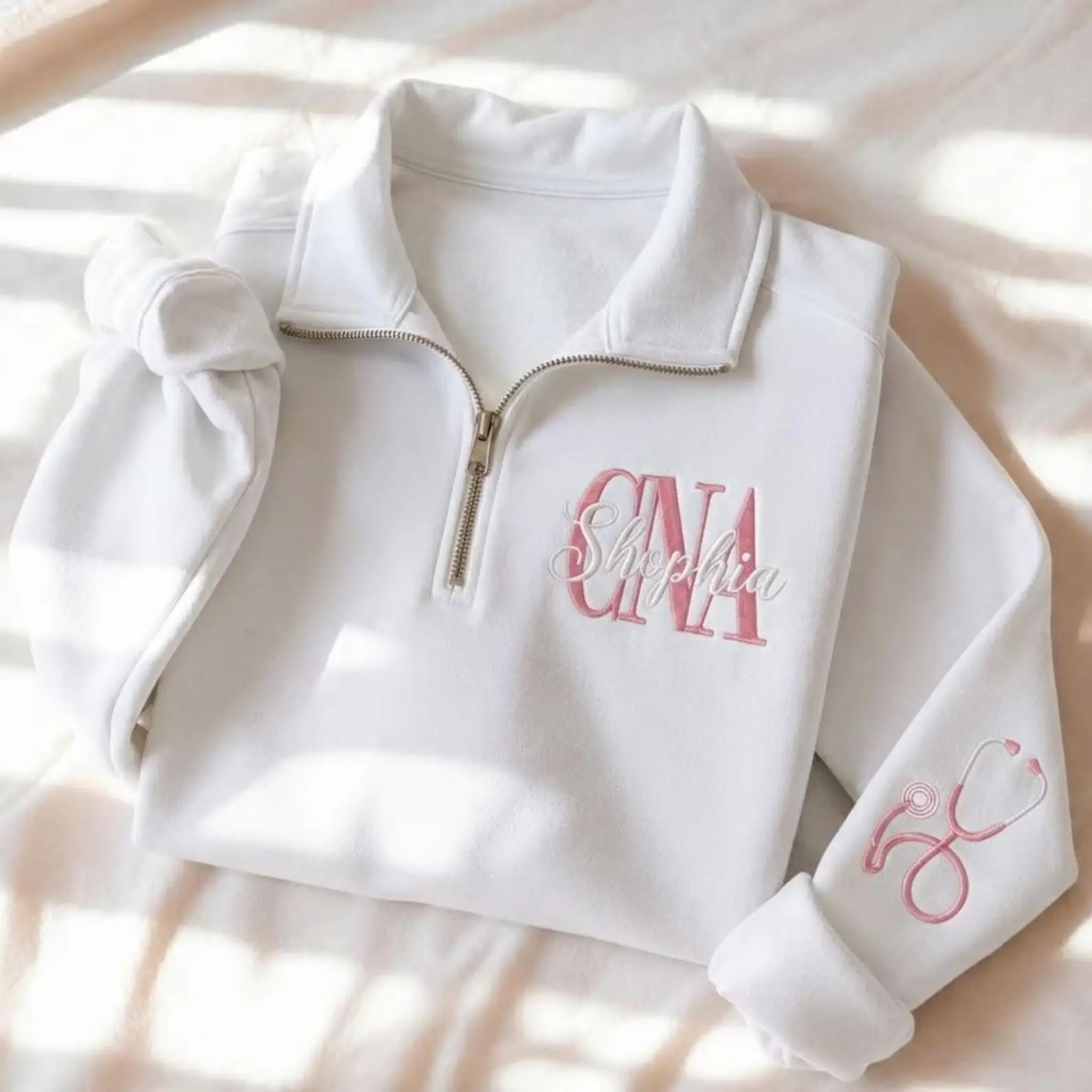 [MAKE IN US]Personalized CNA Quarter Zip Sweatshirt, Custom Name Embroidered Sweatshirt, Monogram Nursing Quarter Zip, Stethoscope Sleeve Embroidery, CNA Graduation Gift
