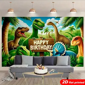 Dinosaur Happy Birthday Tapestry Wall Hanging, Jurassic T-Rex Jungle Design, 2D Flat Printed Backdrop for Kids Birthday, Party, Photo Booth, Aesthetic Home Decor