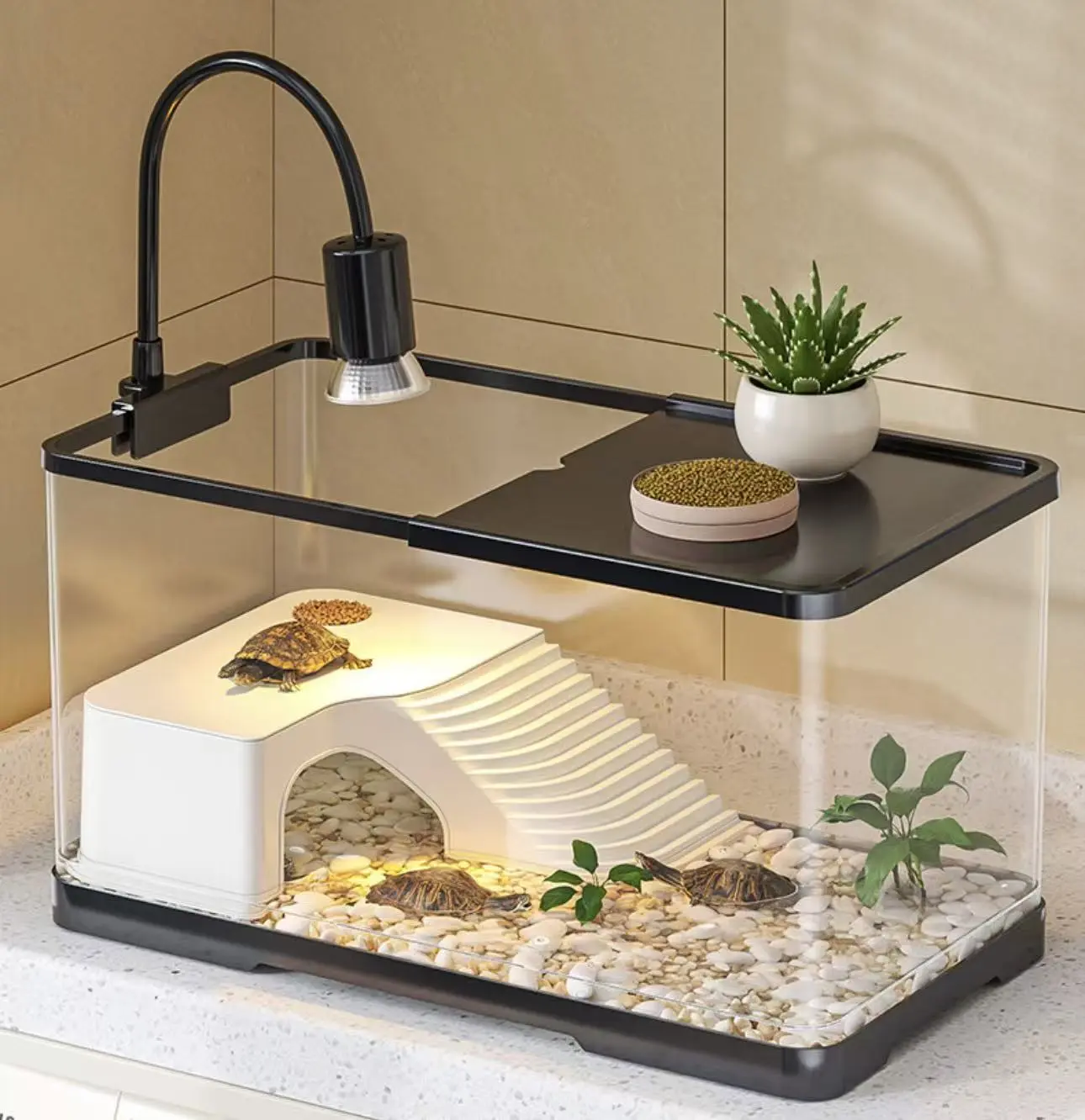 Ultra-Clear Reptile Tank with Escape-Proof Enclosed Design, Basking Platform, Land-Water Separation, Drainage System & Reptile Tank Stand, Ideal for Turtles – Great for Living Room, Office, Study Aquarium Setup