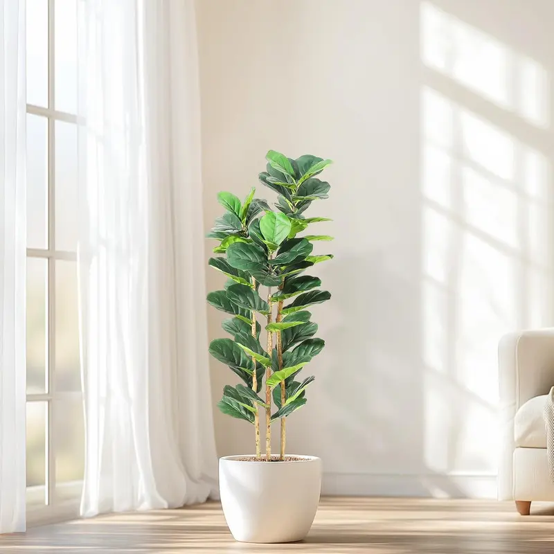 5FT Adjustable Faux Fiddle Leaf Fig Plant - Premium Polyester Fibers, Lifelike Natural Look Fake Indoor Plant with White Pot, Aesthetic Home & House Decor for Room, Home Office Outdoor Furniture Use