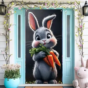 Easter Theme Door Banner, Polyester Fiber Party Bunting, Indoor Outdoor Decoration, Cute Rabbit Holding Carrot Design