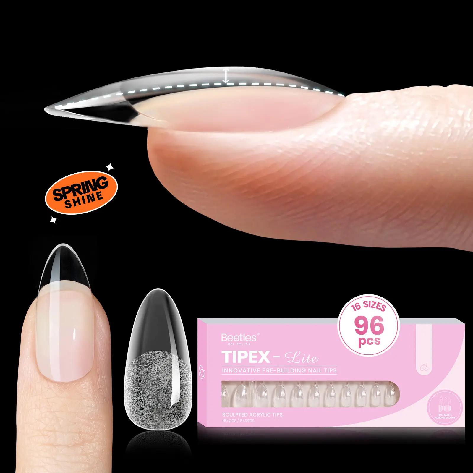 [Beetles] Tipex Lite Instant Apex Nail Extension Tips - 96 / 192 / 256 / 512Pcs Almond / Square / Stiletto / Coffin Manicure Gel Press ons Nail Art DIY Pre-Etched Full Cover Acrylic Tips for Flat & C-Curve Nails | DIY Gift