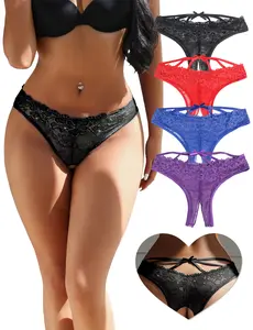 Women's Open Crotchless Lace Panties Silver Lace Bow Criss Cross Back,Cut Out Hipster Plus Size Sexy Cheeky Thong Soft Comfy Breathable Curvy Sheer Knicker Boyshorts for All Seasons Elastic Briefs Valentine's Day Gift Trim Fit Underwear M-3XL SpringStatem