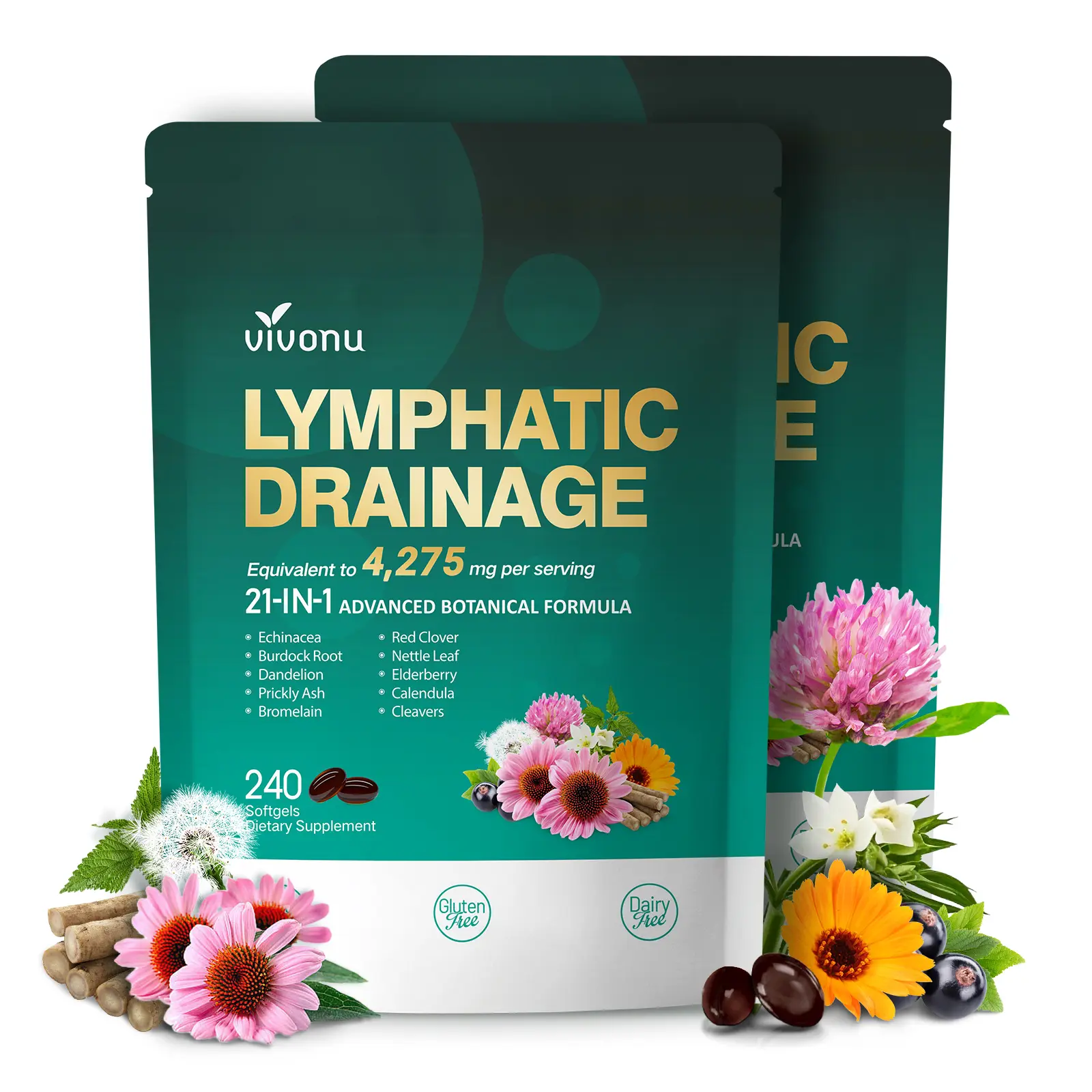 VivoNu  Lymphatic- Supports Lymphatic Circulation | Detox & Reduces Swelling | Key Ingredients: Echinacea, Dandelion, Nettle, Burdock, Calendula, Red Clover | 240 Capsules | Supports Immune System & Metabolism SummerVibes