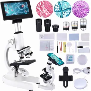 Microscope 40X-2500X Magnification with 4.3-inch Display, Wide-Angle 10X and 25X eyepieces, and Built-in 5-megapixel Camera for School Labs,  Husbandry (White)